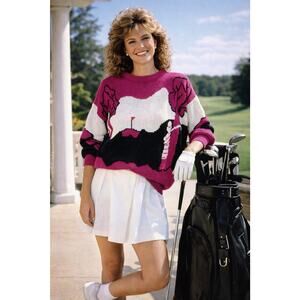 BIG GOLF ENERGY Vtg 90’s Sweater Pink Novelty Graphic Knit Retro Women’s M EUC